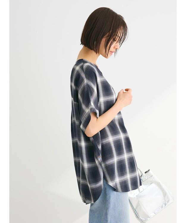 Green Parks リネンレーヨン前立てブラウス Check