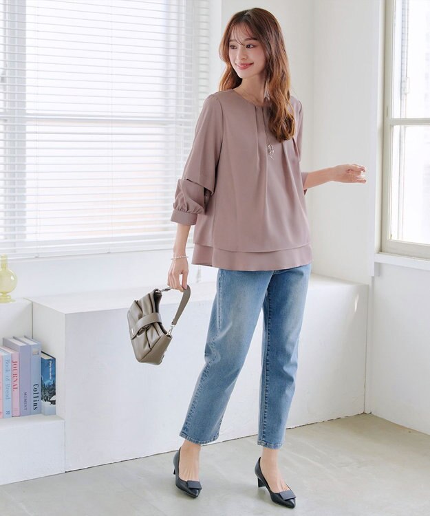 Tiaclasse つまみタック袖レイヤードブラウス ピンクモカ