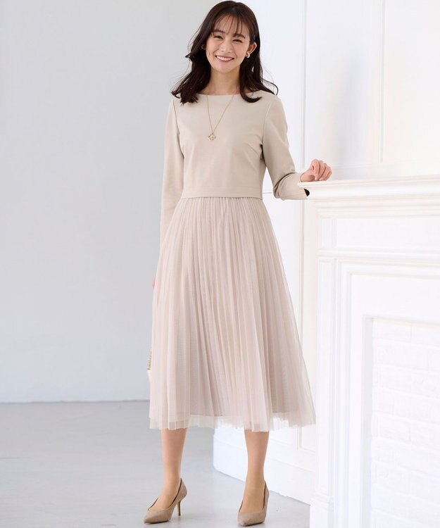 組曲 S 【WEB限定・KUMIKYOKU NAVY】ジャージーコンビ ギャザーチュール ワンピース ベージュ系