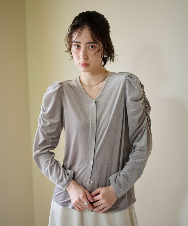 #Newans 【洗濯機可／ 前後着用可】 ギャザースリーブシアーベロアカーディガン ライトグレー