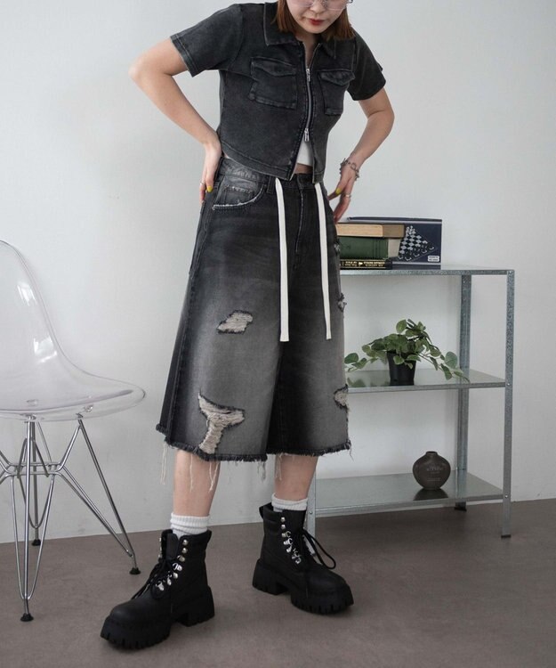 WEGO 【SMサイズ展開】ヴィンテージウォッシュダメージバギーハーフパンツ ブラック