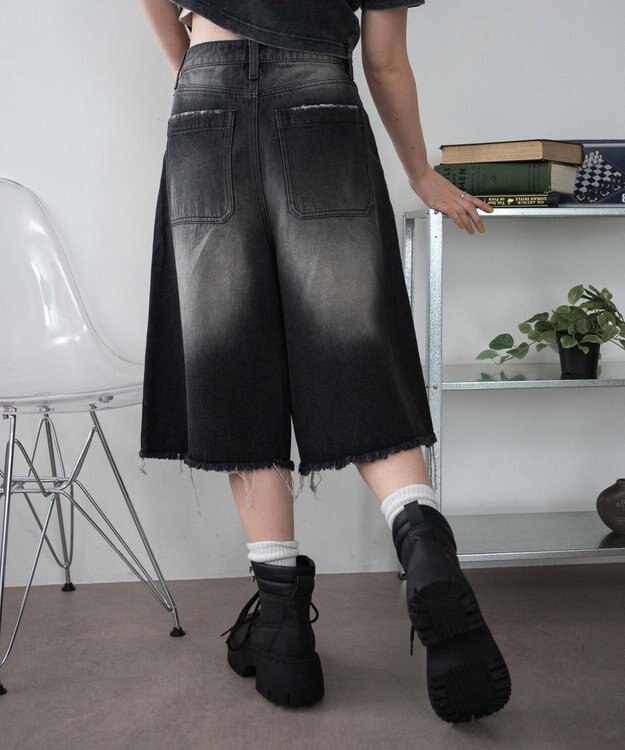 WEGO 【SMサイズ展開】ヴィンテージウォッシュダメージバギーハーフパンツ ブラック