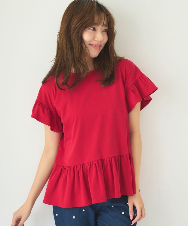 Feroux 【UVケア】フリルスリーブペプラム カットソー レッド系