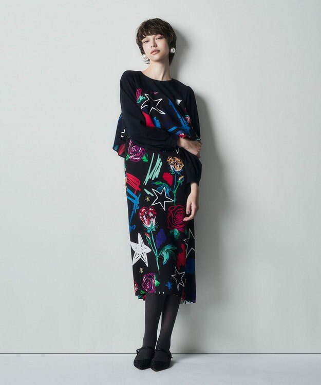 GRACE CONTINENTAL プリントコンビドレス ネイビー