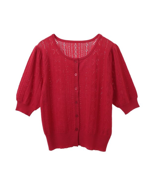 earth music&ecology リボン柄透かし編みニットカーディガン Red