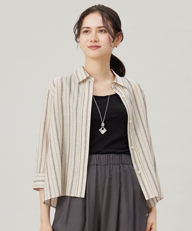 自由区 【ドラマ「明日はもっと いい日になる」着用】【接触冷感・吸水速乾・洗える】ナチュラルリネンクロップド丈 シャツ ベージュ×スレート