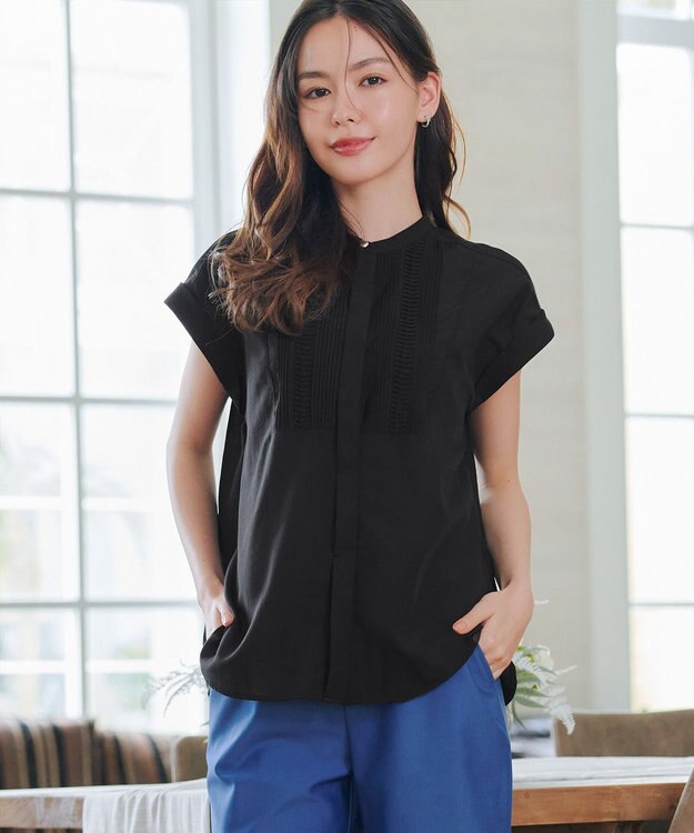 Tiaclasse 【洗える】フレンチスリーブピンタックブラウス ブラック