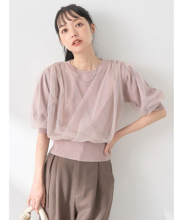 earth music&ecology チュールドッキング半袖ニットプルオーバー Pink