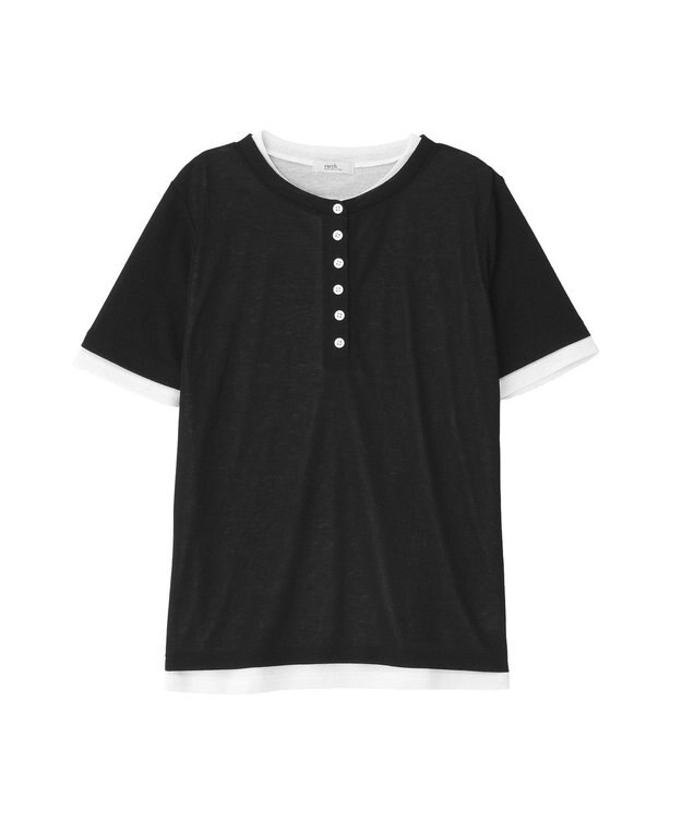 earth music&ecology シアーレイヤード風5分袖プルオーバー Black