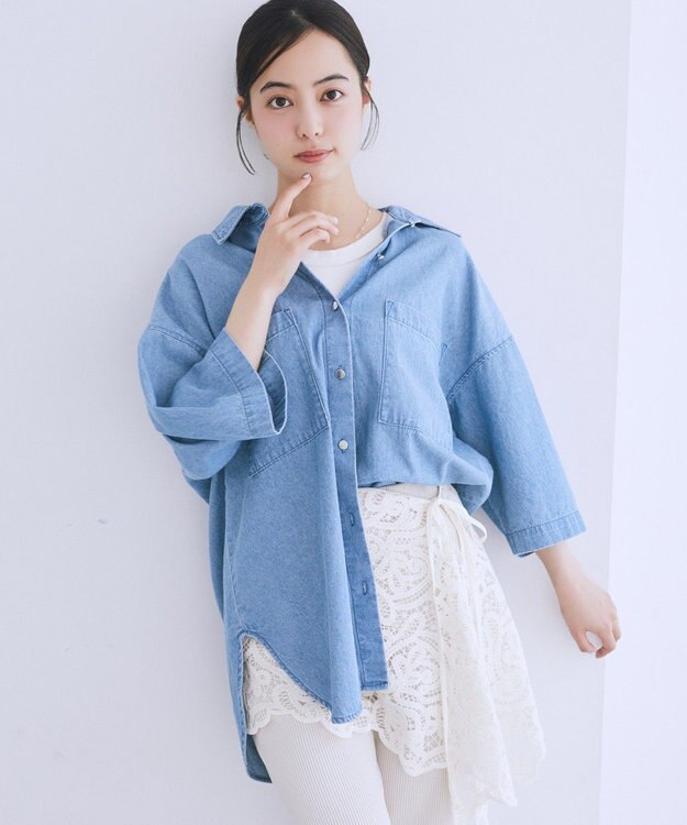 earth music&ecology 5分袖デニムシャツ Light Indigo