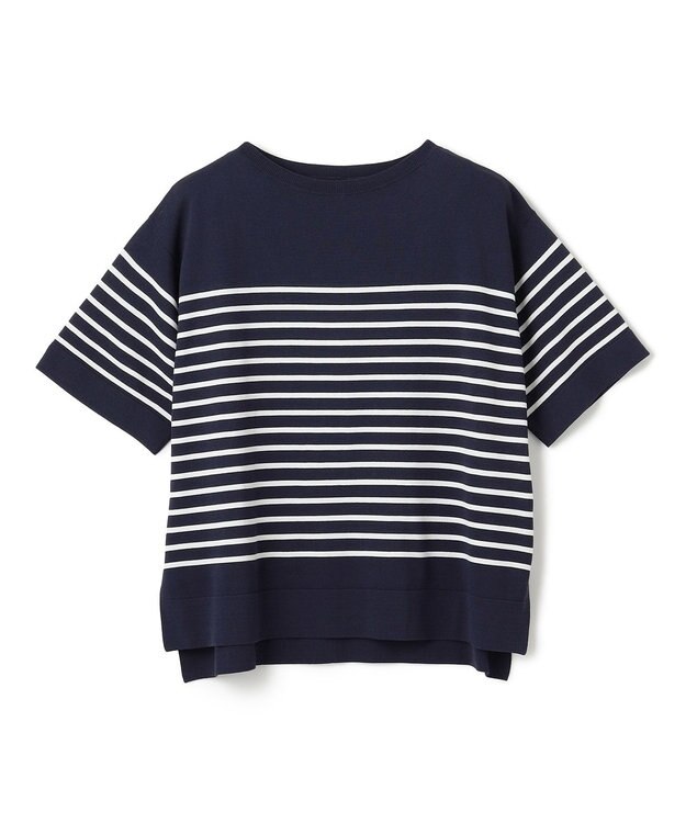 UNFILO L スゴ機能美 ハーフスリーブ ニット ネイビー×オフ