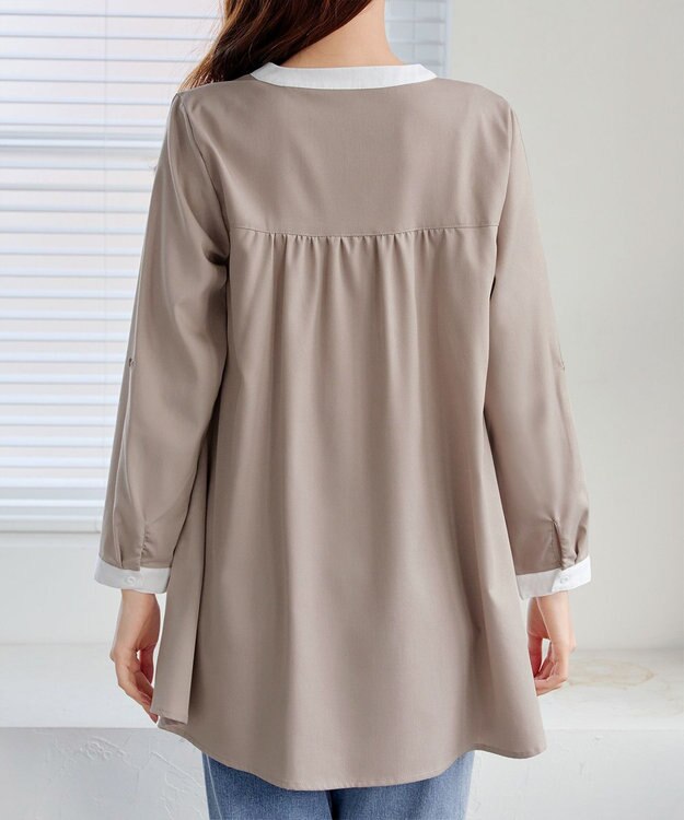 Tiaclasse 【洗える】クレリックシャツチュニックブラウス グレージュ×オフホワイト