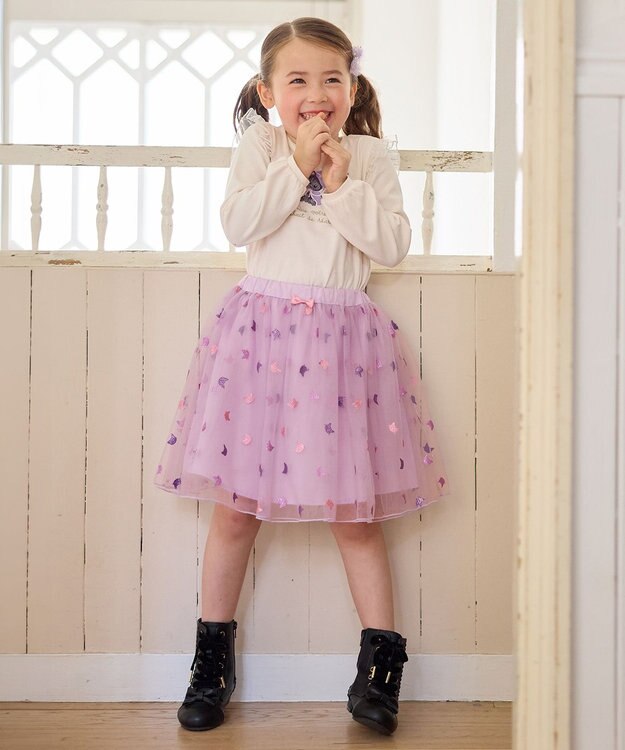 ANY KIDS ラメチュールフレアスカート ラベンダー×ネコ