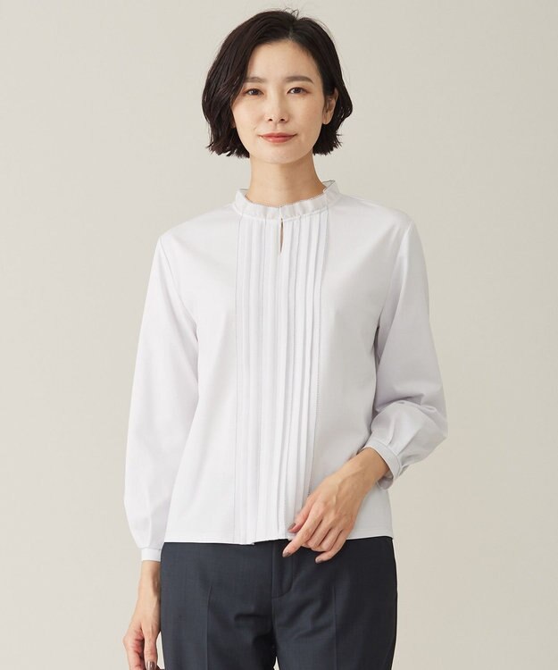 J.PRESS LADIES S 【吸水速乾】プレーティングジャージー フリル襟 カットソー ライトグレー系