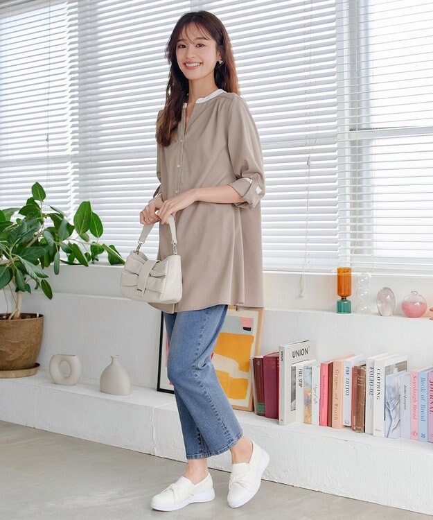 Tiaclasse 【洗える】クレリックシャツチュニックブラウス グレージュ×オフホワイト