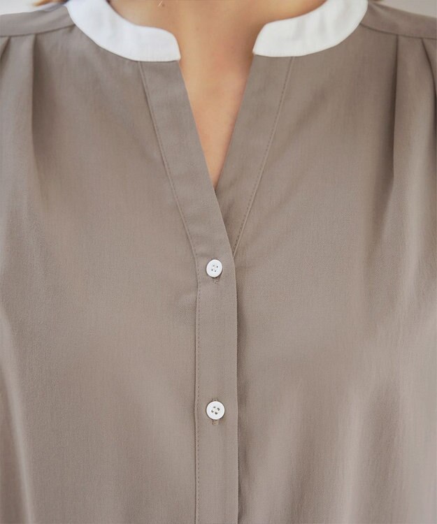 Tiaclasse 【洗える】クレリックシャツチュニックブラウス グレージュ×オフホワイト