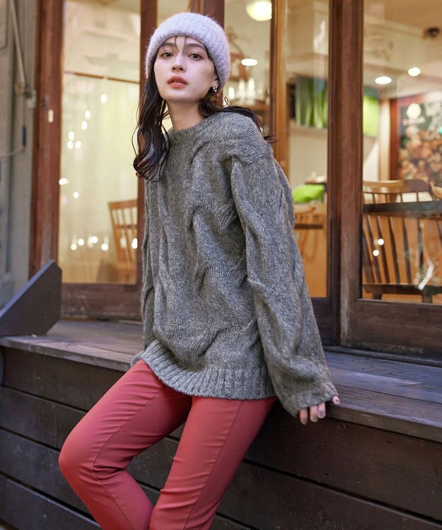 Tiaclasse 【洗える】ケーブルミックス編みニットトップス チャコールグレー