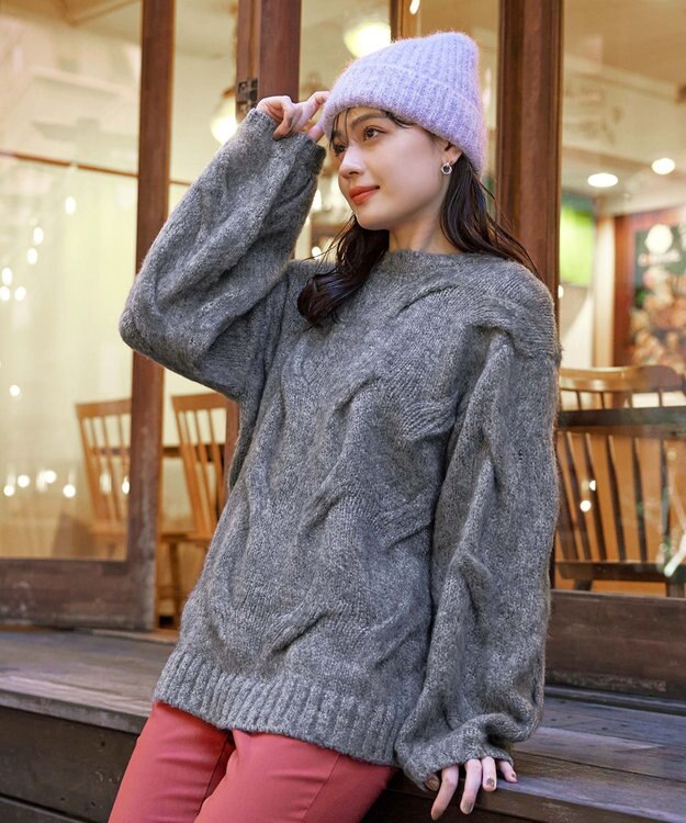 Tiaclasse 【洗える】ケーブルミックス編みニットトップス チャコールグレー