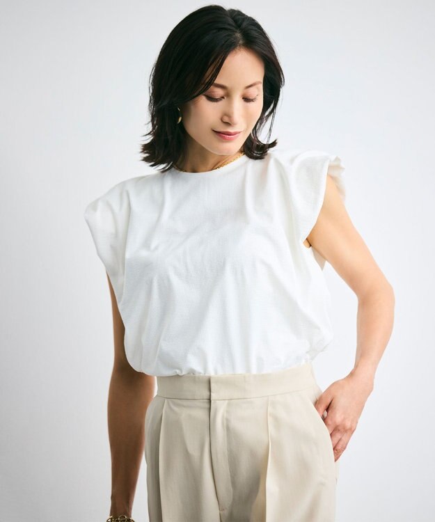  【洗える】SCALA / コットンリネンボリュームスリーブトップス