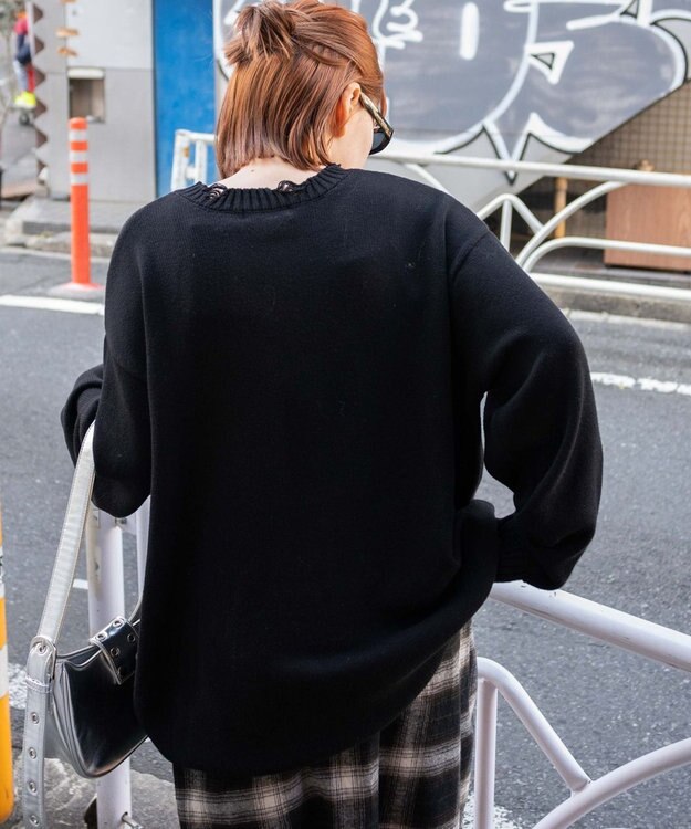 WEGO クラッシュBIGプリントニットプルオーバー ブラック