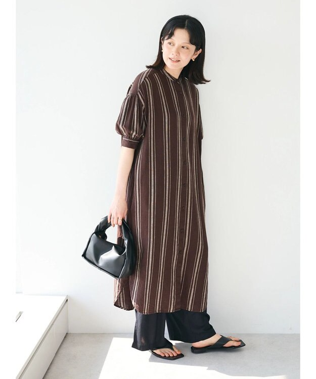 CRAFT STANDARD BOUTIQUE リネンレーヨンストライプワンピース Stripe Brown