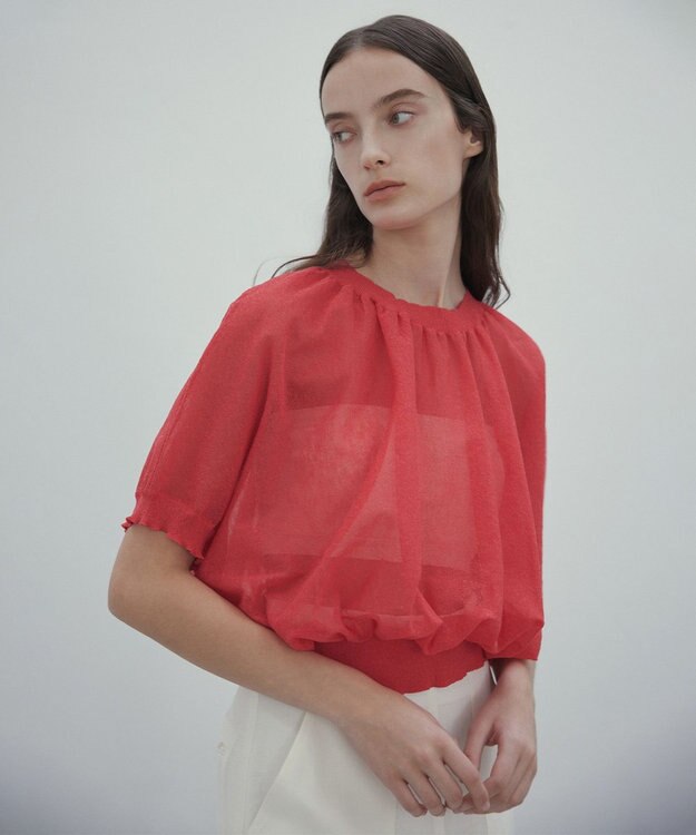 BEIGE， 【洗える・Oggi 7月号掲載】LUPINUS / リネン混半袖プルオーバーギャザーニット Poppy Red