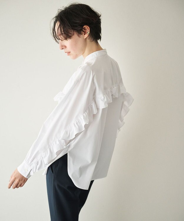 #Newans 【シワになりにくい/洗濯機可能】ラウンドフリルバンドカラーシャツ ホワイト