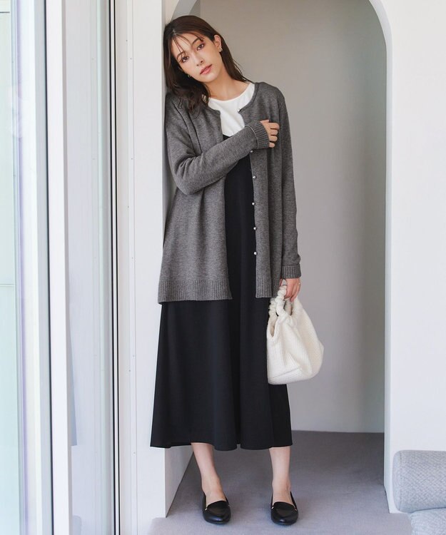 Tiaclasse 【洗える】ラウンドネックミドル丈ニットカーディガン チャコールグレー