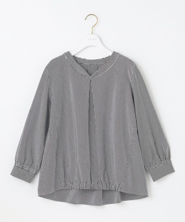 ANY SIS 【洗える】シルケットジャージーストライプ ブラウス ネイビーストライプ