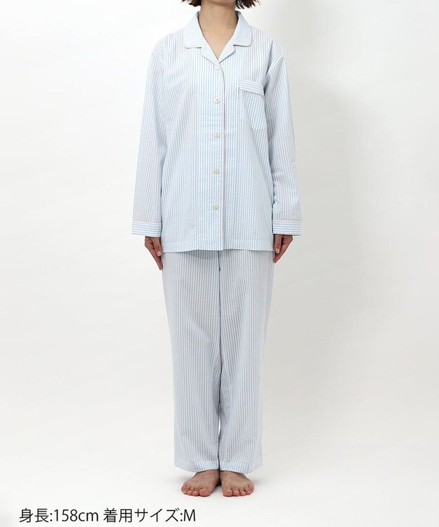 ワコール／睡眠科学 パジャマ 長袖 長ズボン 綿100%(本体) サッカー素材 レディース YDX344 睡眠科学／ワコール サックス