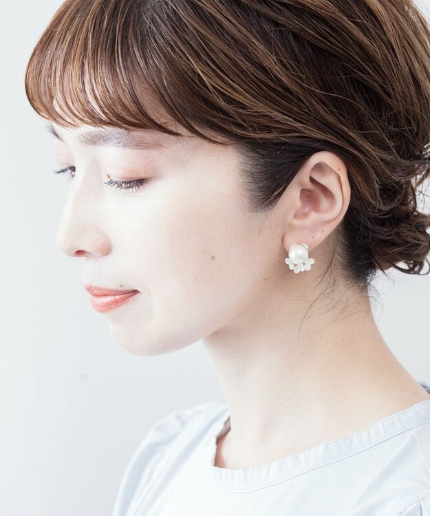 Pisceans 2wayフローラル&コットンパールピアス マットシルバー