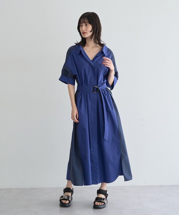 YECCA VECCA ベルト付きスキッパーシャツワンピース Blue