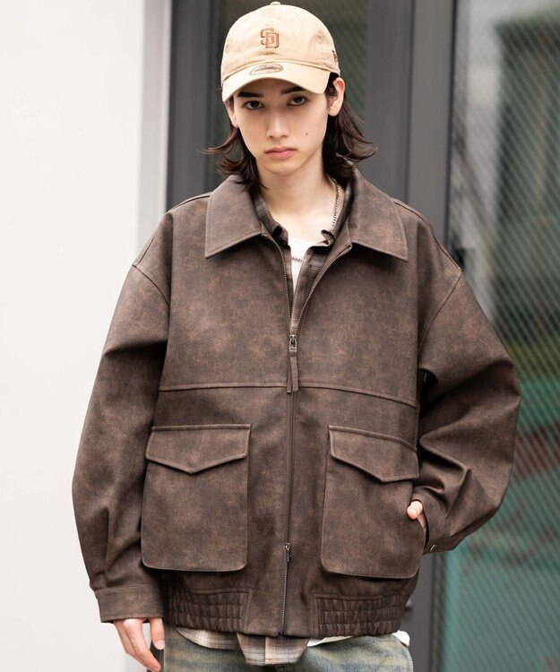 WEGO 【25年秋冬新作/ユニセックス着用ITEM/SMLサイズ展開】PUダブルZIPフライトブルゾン ブラウンその他