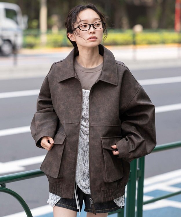 WEGO 【25年秋冬新作/ユニセックス着用ITEM/SMLサイズ展開】PUダブルZIPフライトブルゾン ブラウンその他