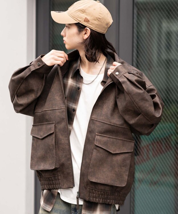 WEGO 【25年秋冬新作/ユニセックス着用ITEM/SMLサイズ展開】PUダブルZIPフライトブルゾン ブラウンその他