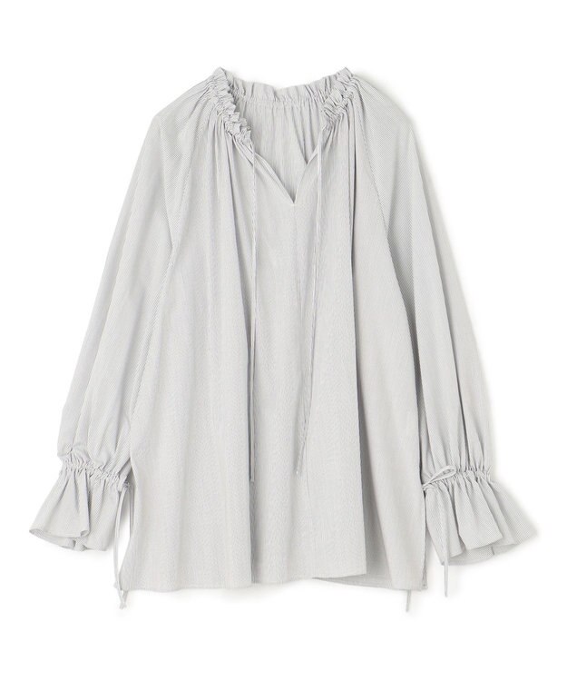 UNFILO 2WAYギャザーブラウス オフ×ブラックストライプ