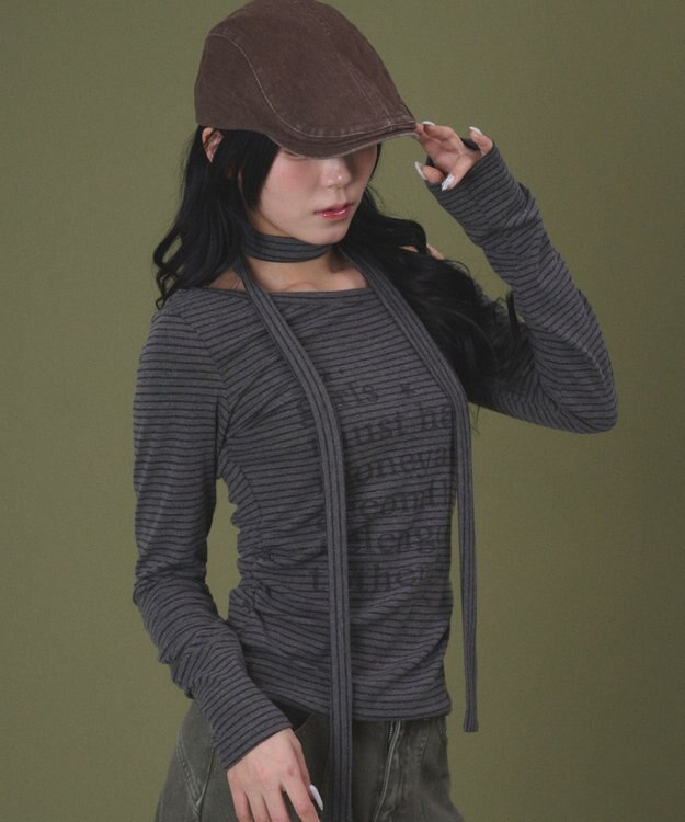 WEGO チョーカー付きボーダーロゴトップ グレー