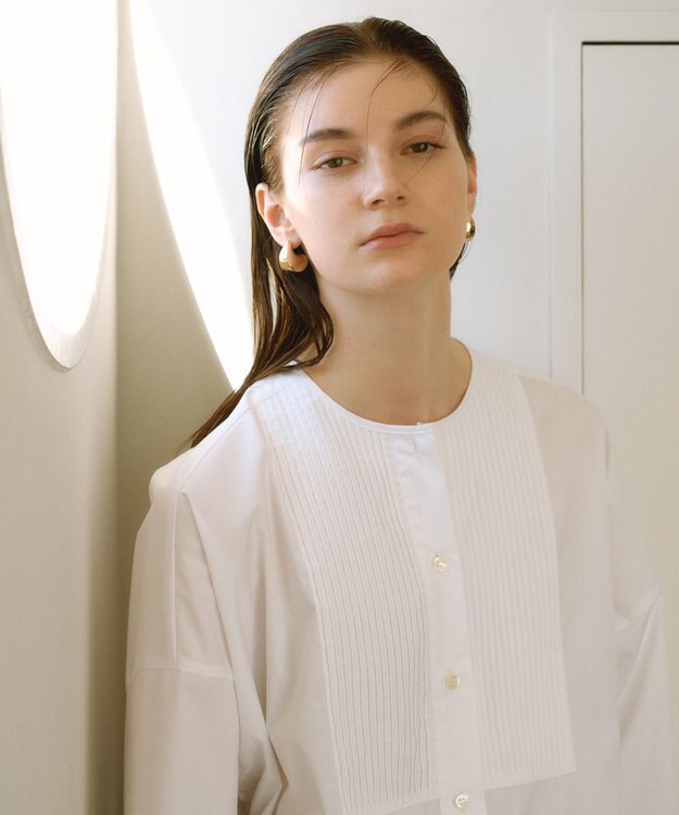 #Newans 【洗濯機可能/シワになりにくい】〈お腹・腰回りをカバー〉ピンタックデザインスクエアブラウス ホワイト