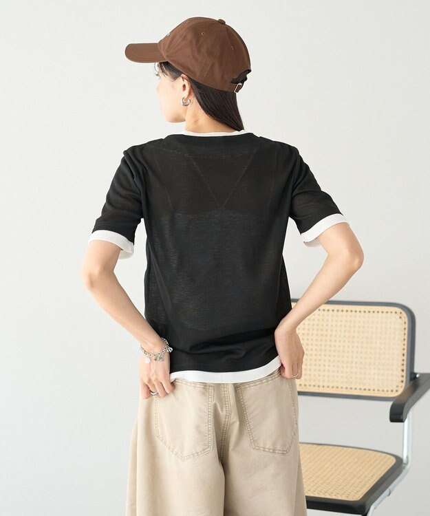 earth music&ecology シアーレイヤード風5分袖プルオーバー Black
