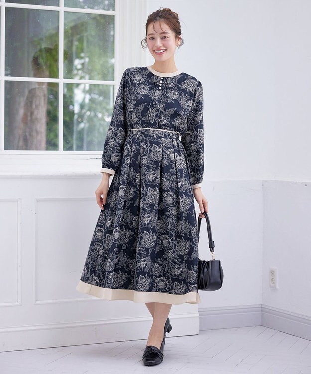 Tiaclasse L 【洗える】トワルドジュイ配色ワンピース ネイビー