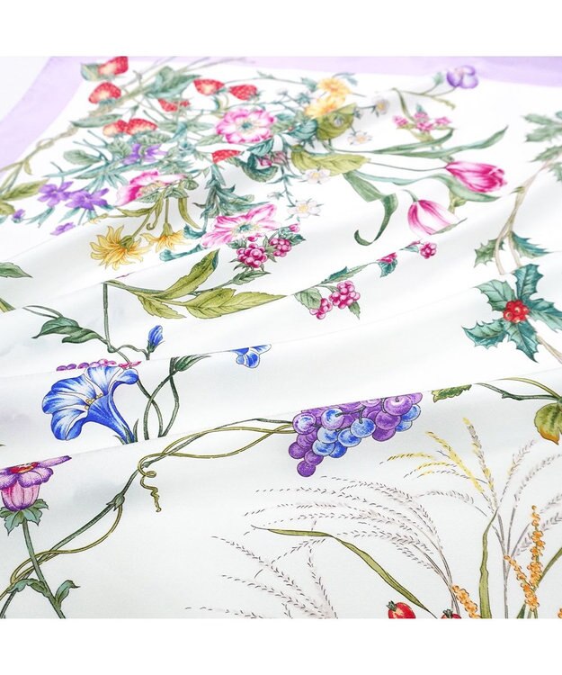 Marca ＜春の新色！＞【伝統横濱スカーフ】四季のツリー花 大判 シルクツイル スカーフ ライラックボーダー