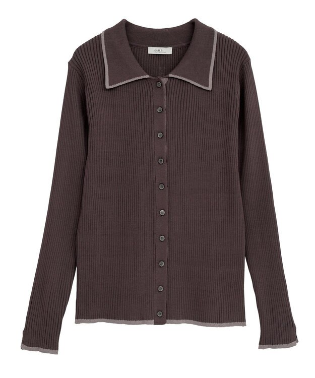 earth music&ecology バイカラートリムロングニットカーディガン Brown