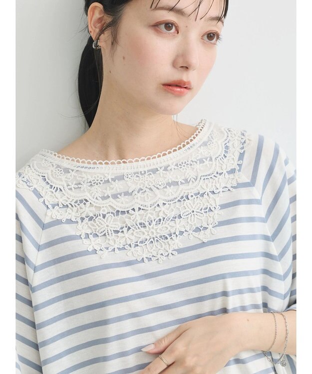 earth music&ecology 襟レースボーダーポンチョ Beige