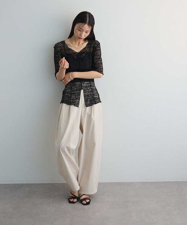 Green Parks カットワークデザインレース半袖トップス Black