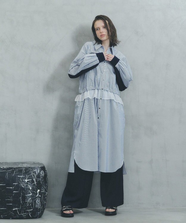 YECCA VECCA シアーMIXドロストデザインシャツワンピース Stripe