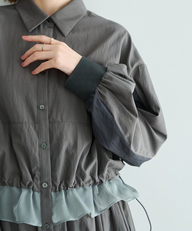 YECCA VECCA シアーMIXドロストデザインシャツワンピース Khaki