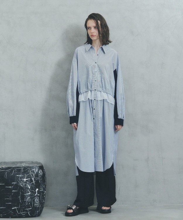 YECCA VECCA シアーMIXドロストデザインシャツワンピース Stripe