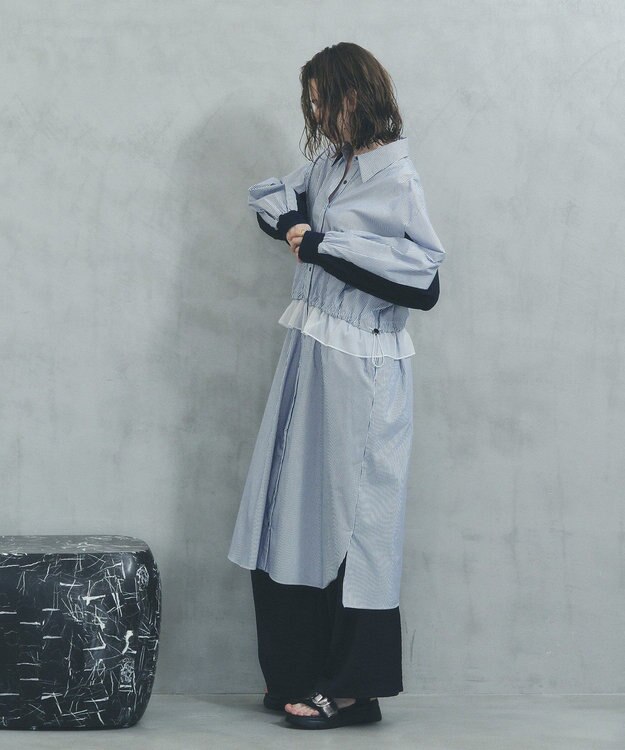 YECCA VECCA シアーMIXドロストデザインシャツワンピース Stripe