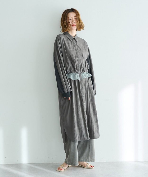 YECCA VECCA シアーMIXドロストデザインシャツワンピース Khaki