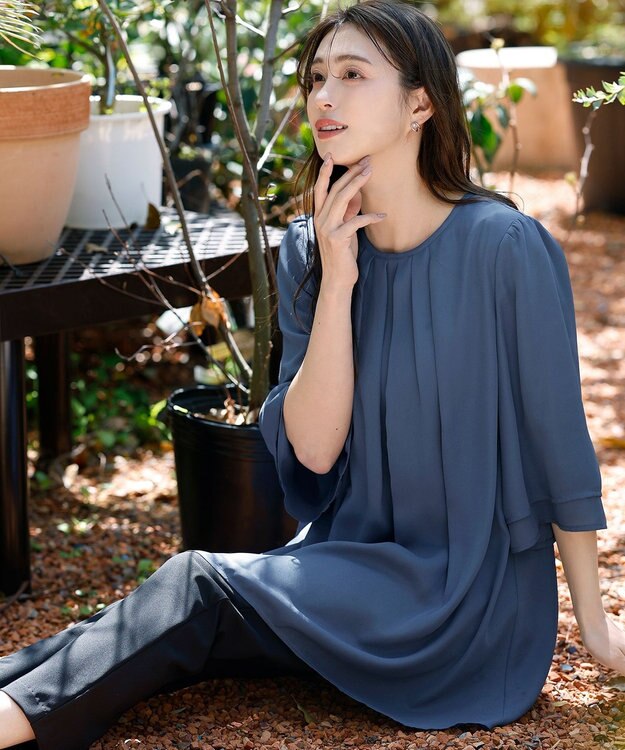 Tiaclasse 【洗える】レイヤードスリーブシフォンチュニック ブルー